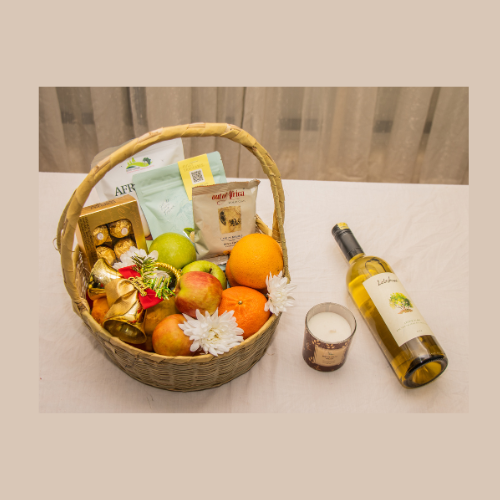 Golden Harvest Gift Hamper — Wine, Nuts & Fresh Fruit Basket