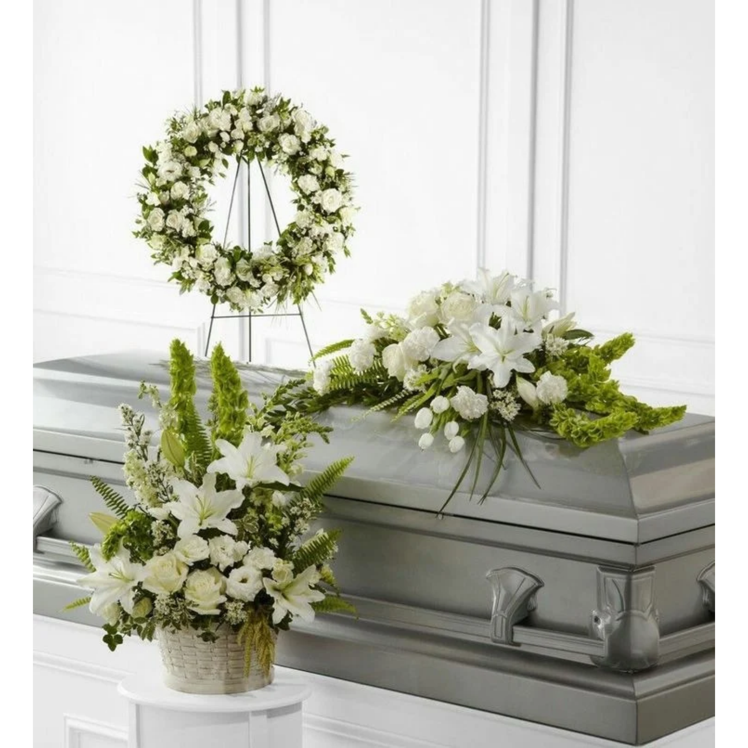Graceful Farewell Funeral Flower Package – Casket Spray, Wreath & Arrangement